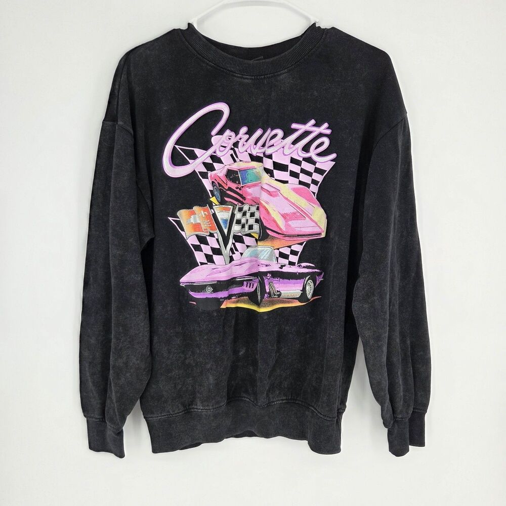 Womens Corvette Graphic Acid Wash Sweatshirt Black Retro Racing Pullover Sz L